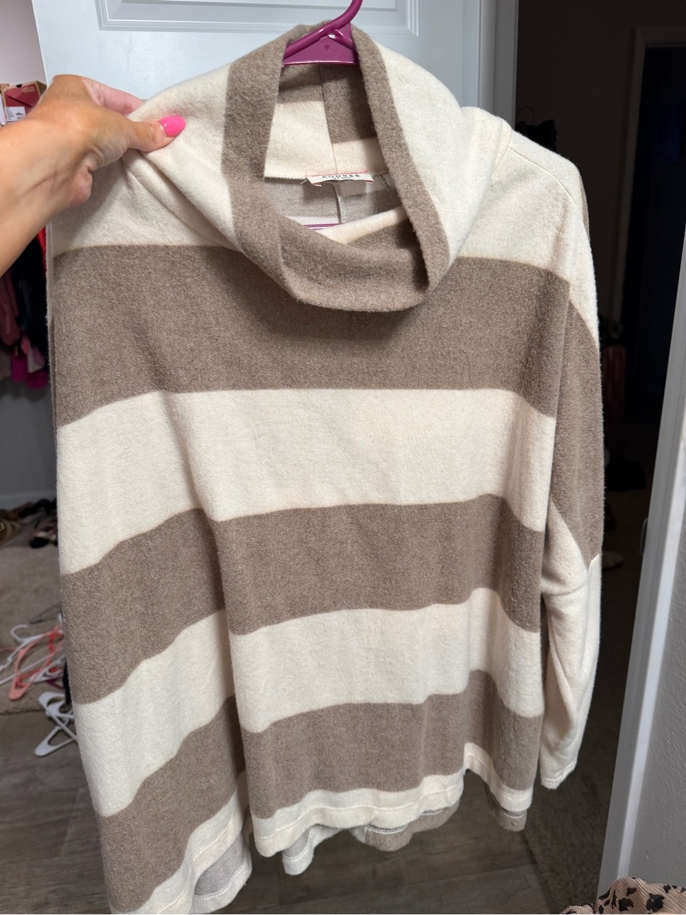 Striped Cream and Taupe Cowl-Neck Women's Sweater